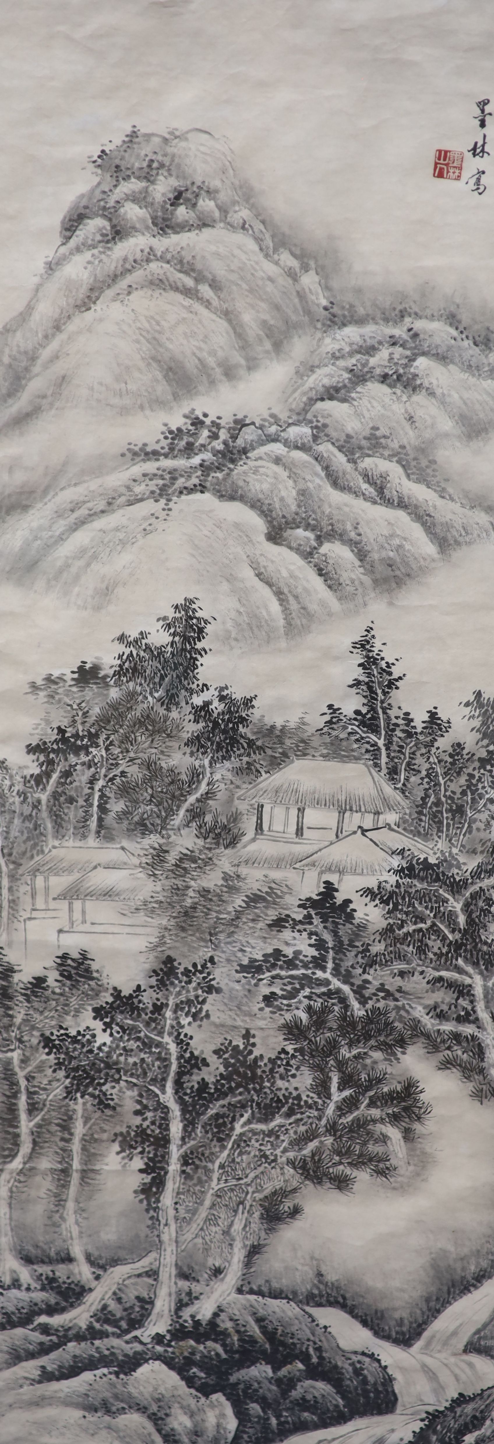 Chinese School, four monochrome watercolours on paper, Mountain landscapes, 93 x 33cm